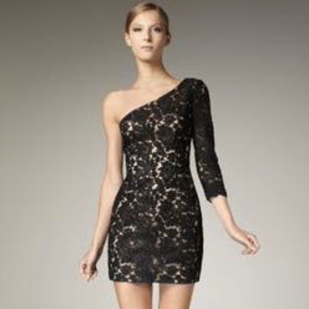 Marchesa Notte Black Lace One-Shoulder Dress Size